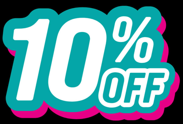 10% off discount sign with teal and pink colors on a black background