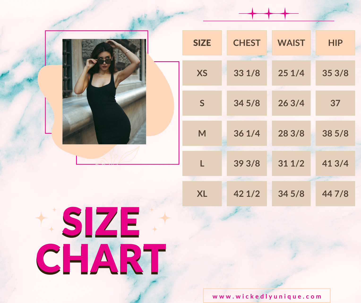 Size chart for clothing with a woman's photo and measurements on a colorful background