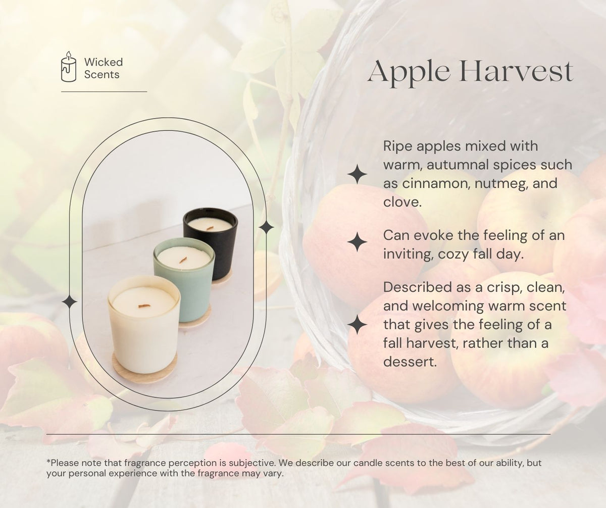 Candle packaging with 'Apple Harvest' description and Wicked Scents branding.