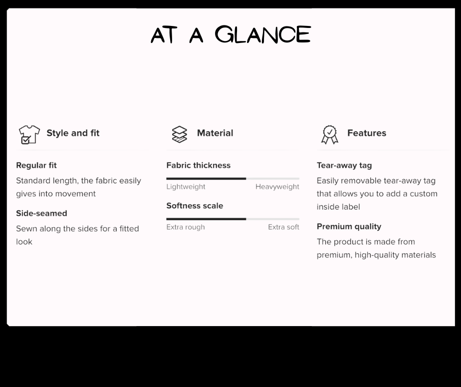 Product features summary with icons and text on a white background
