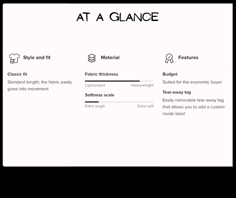 Product specification sheet with text and icons on a white background