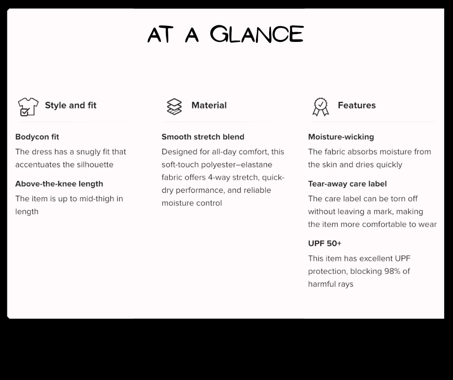 Product information card detailing style, fit, material, and features of a garment.