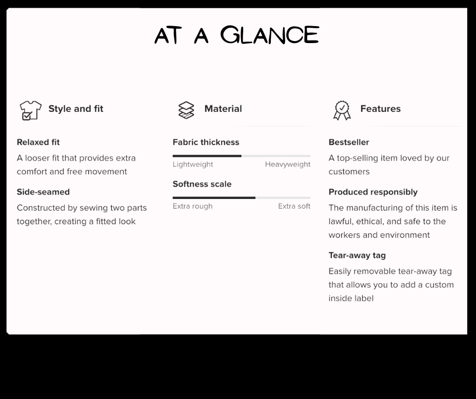 Product feature card with text on style, fit, material, and features.