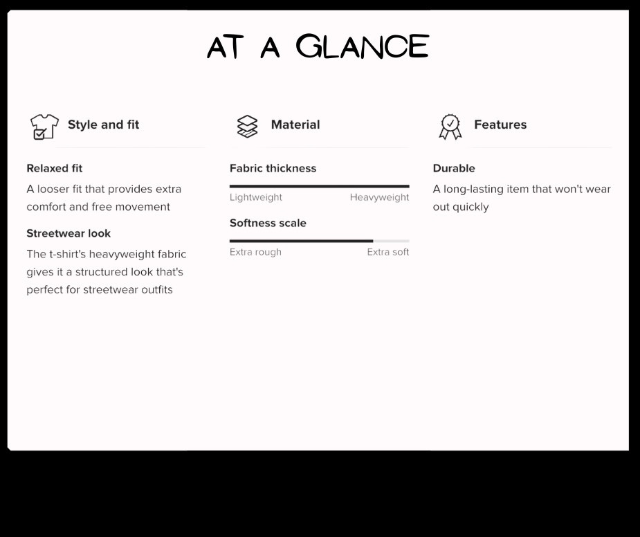 Product features summary with icons and text on a white background