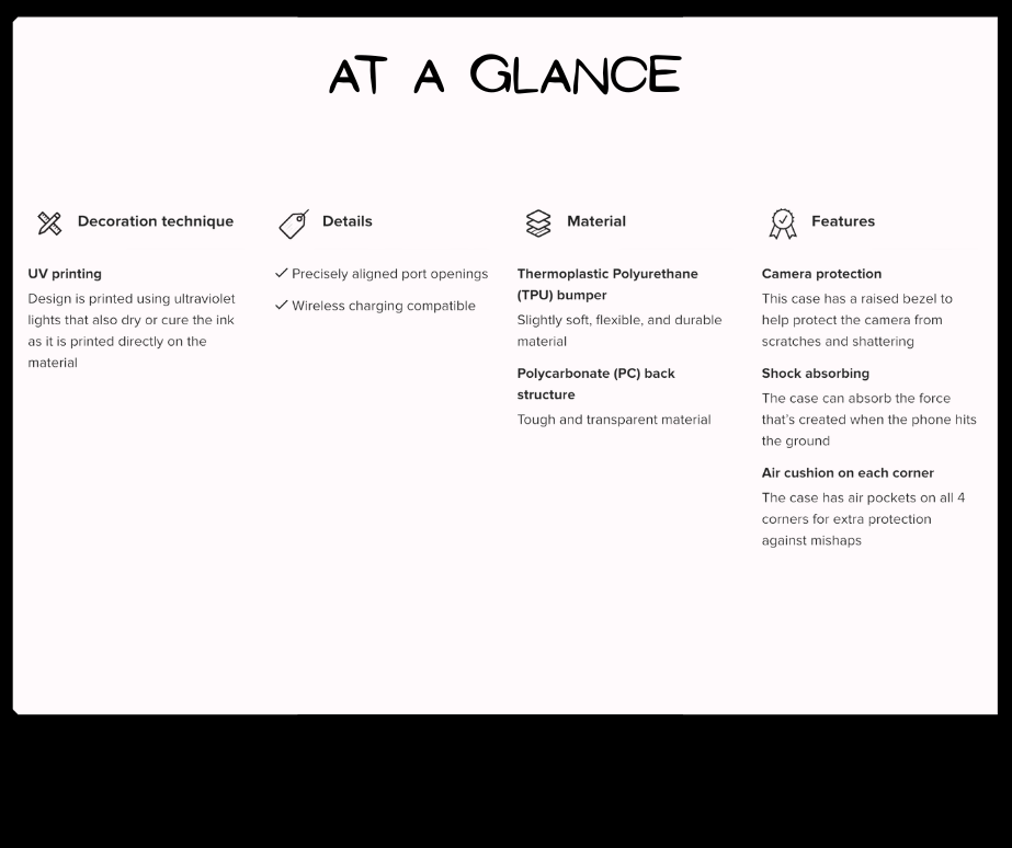 Product feature sheet with text on a black background