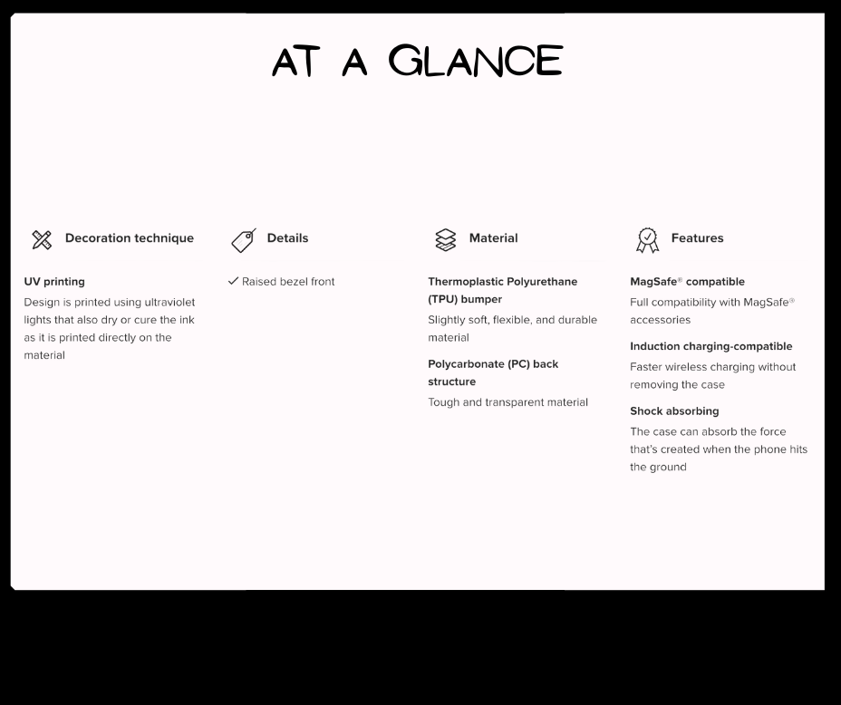 Product feature sheet with text on a white background