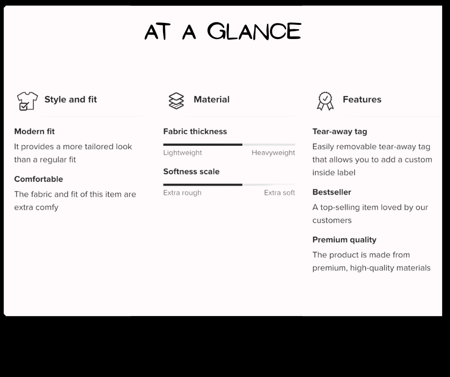 Product features summary with icons and text on a white background