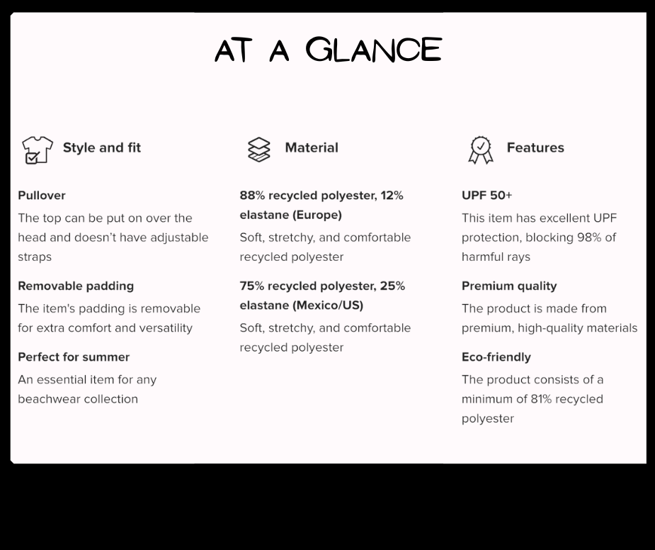 Product information card detailing style, fit, material, and features of a top.