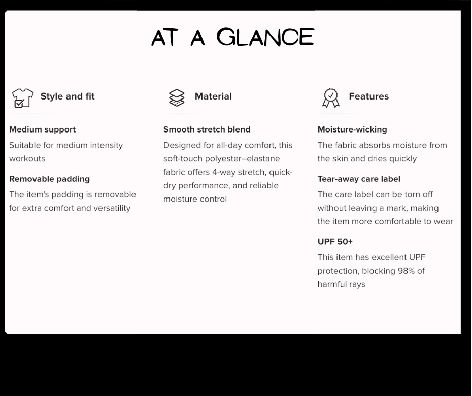 Product feature card with text on a black background