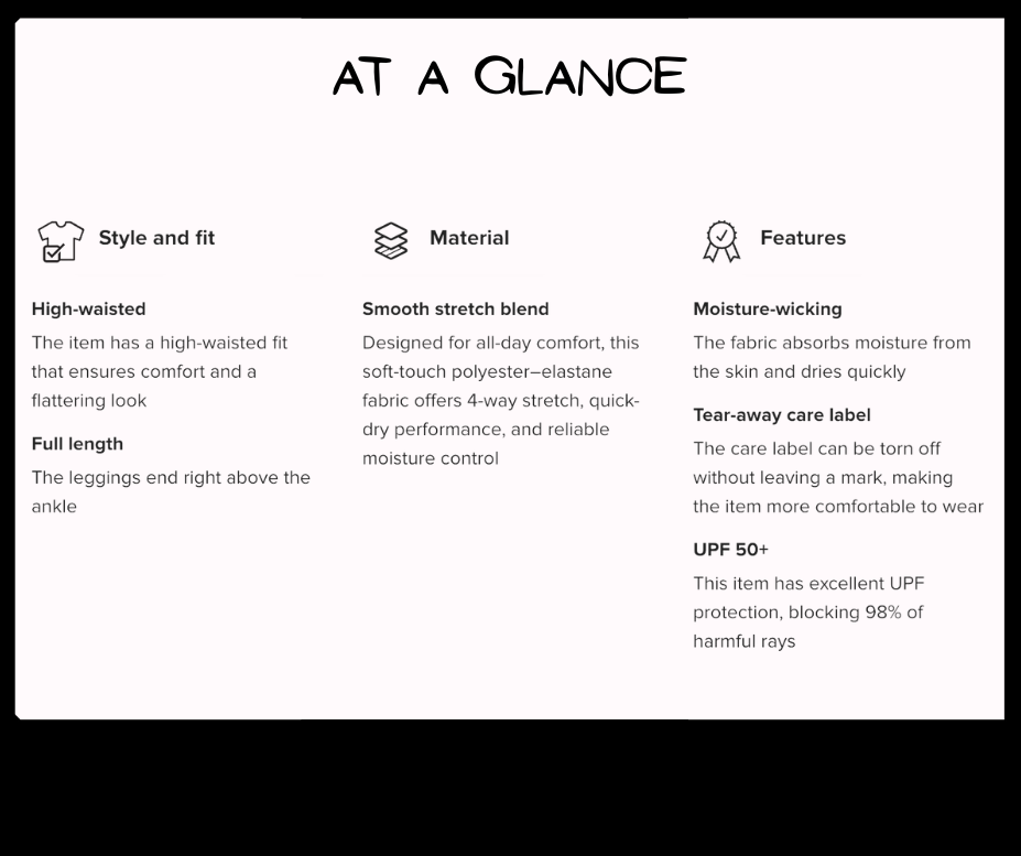 Product feature card with text on style, fit, material, and features of a garment.