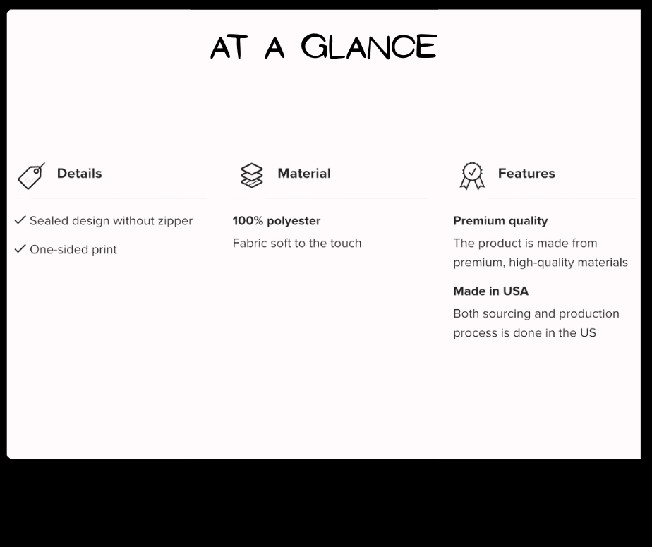 Product details card with 'At a Glance' heading on a white background