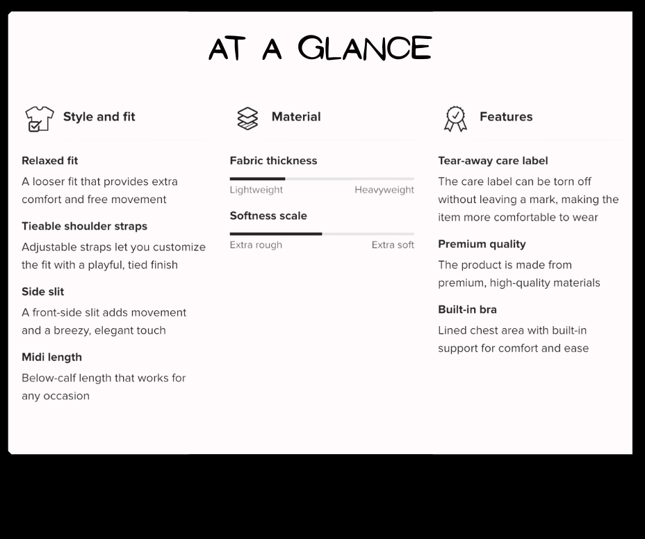 Product features summary with icons and text on a black background