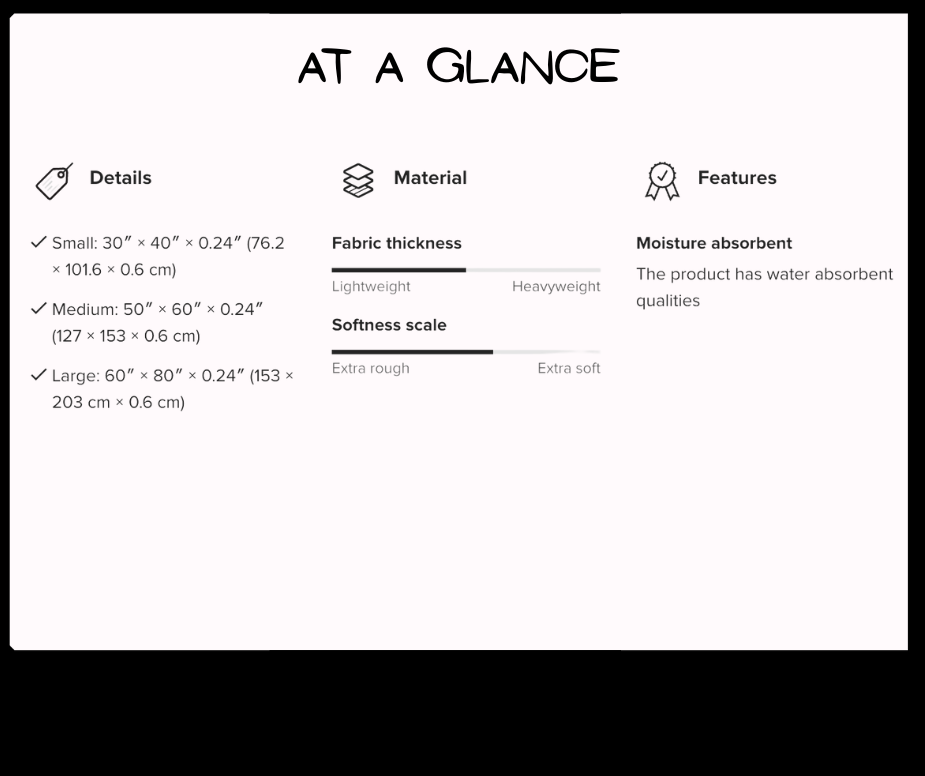Product specifications sheet with details, material, and features listed.
