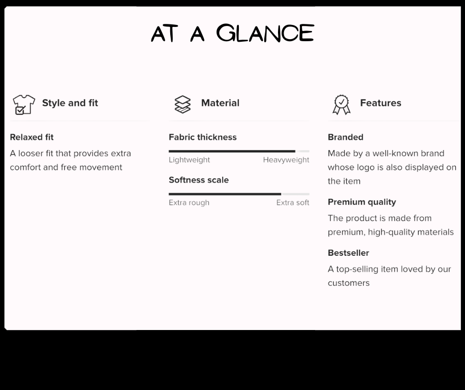 Product information card with 'At a Glance' text and sections for style and fit, material, and features.