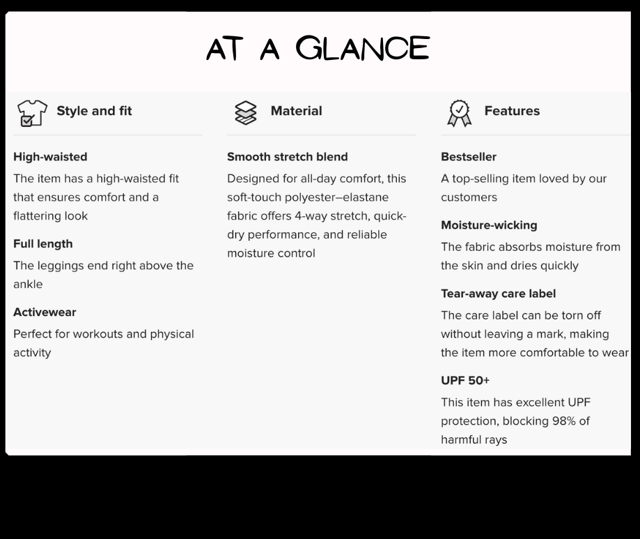 Product feature card with text on a white background