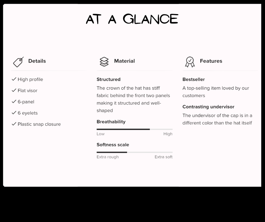 Product features summary with details, material, and features listed.