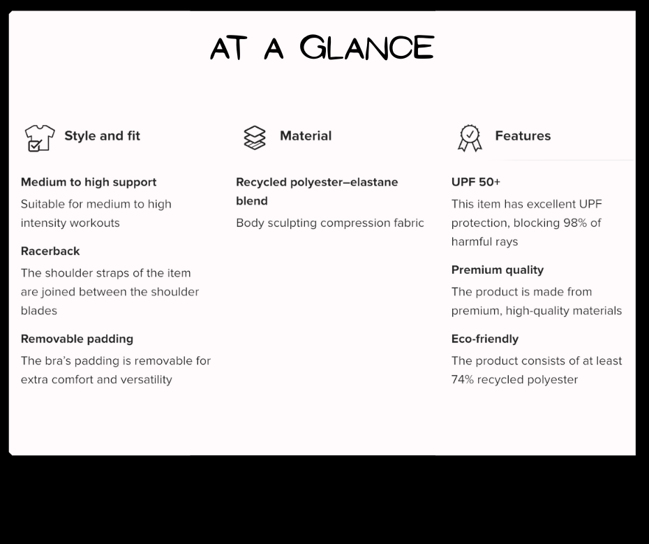 Product feature card with text on a white background