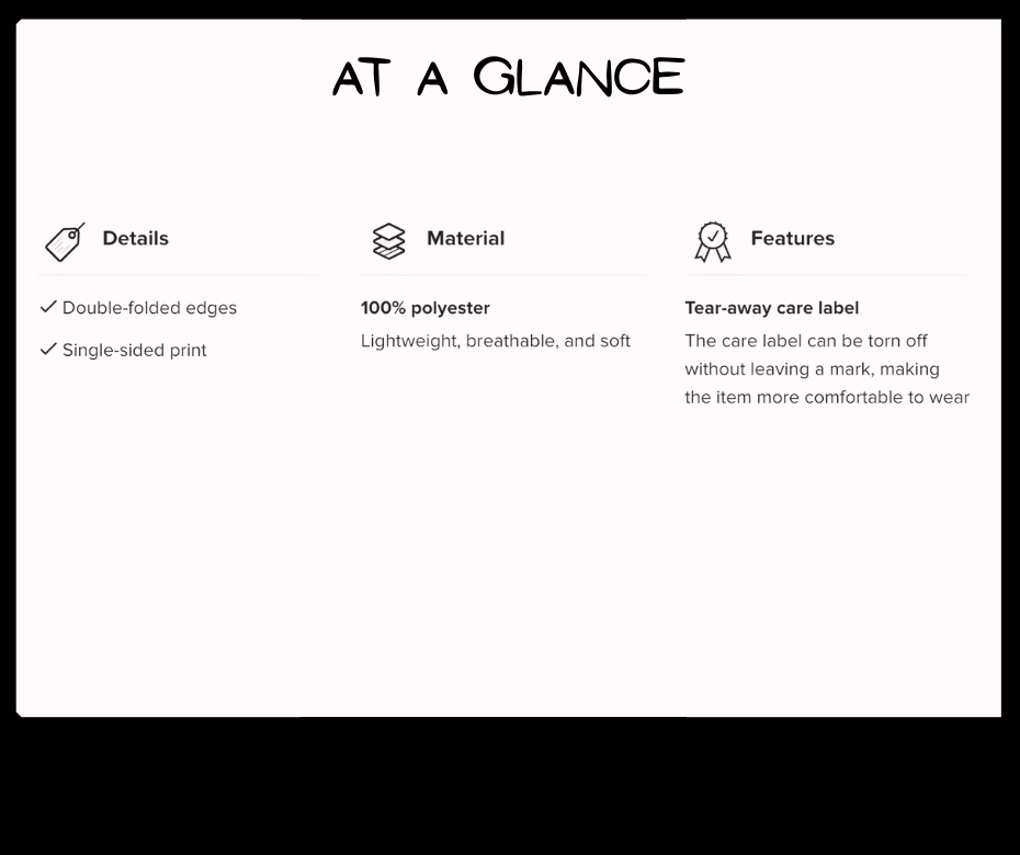 Product features listed under 'At a Glance' on a white background