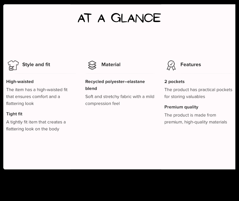 Product features summary with icons and text on a white background