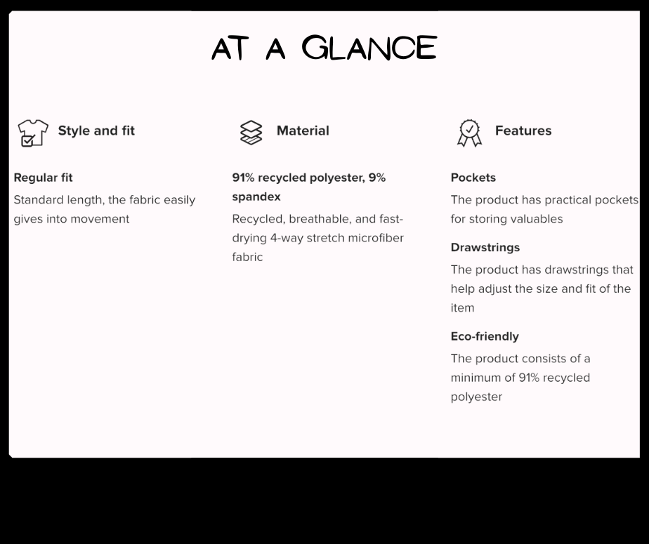 Product features summary with icons and text on a white background