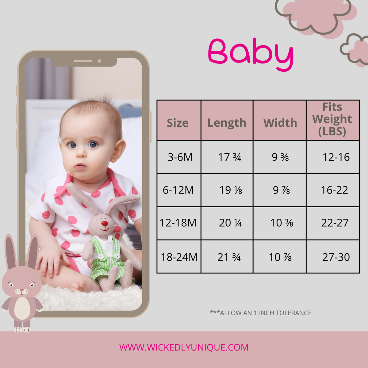 Baby size chart with a photo of a baby and dimensions on a light gray background.