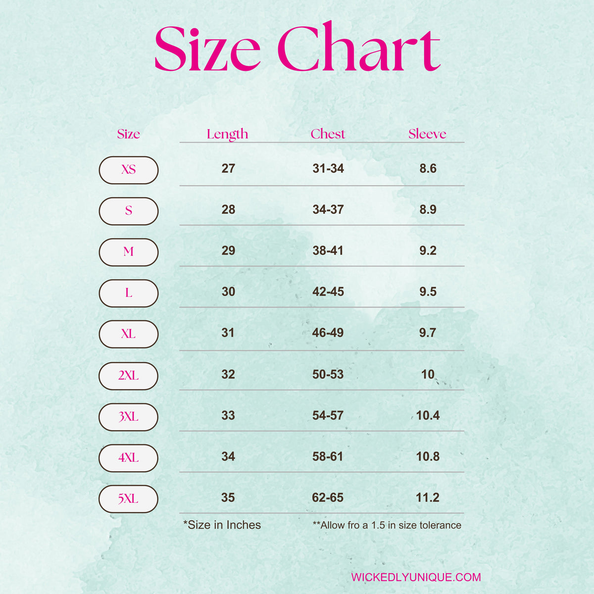 Size chart for clothing with measurements in inches and centimeters on a light blue background.