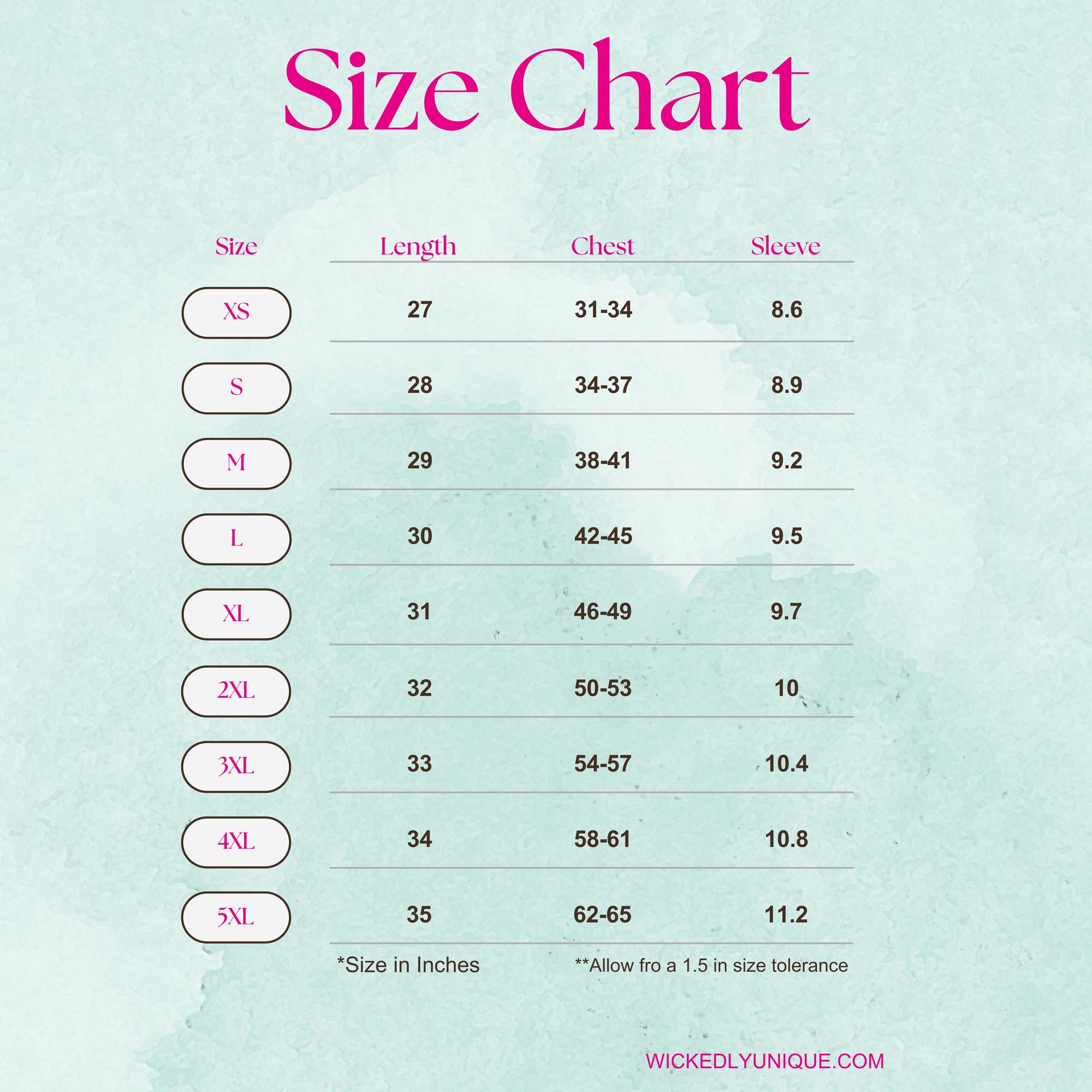 Size chart for clothing with measurements in inches and centimeters on a light blue background.
