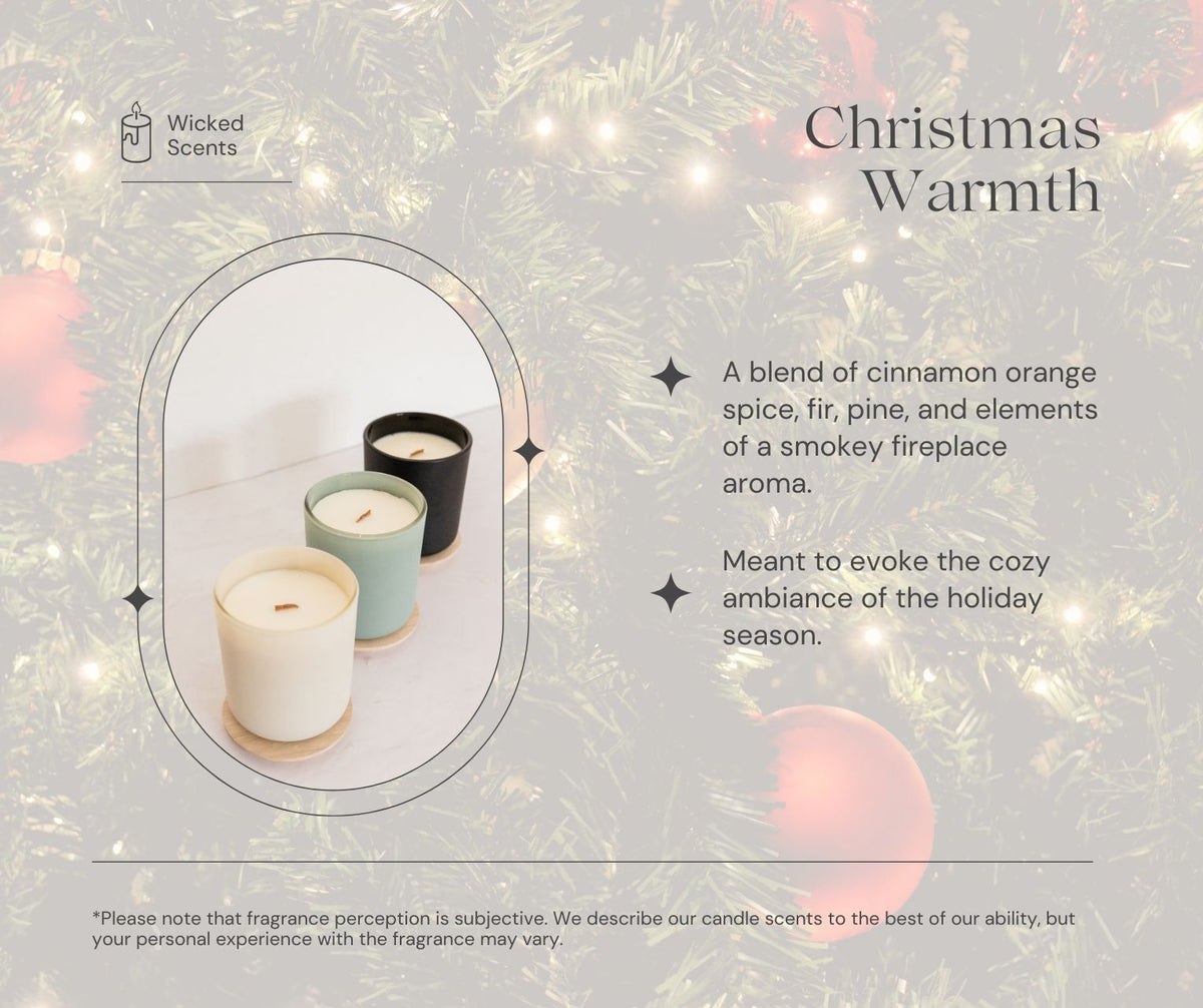 Three candles in front of a decorative Christmas background with text about 'Christmas Warmth' fragrance.