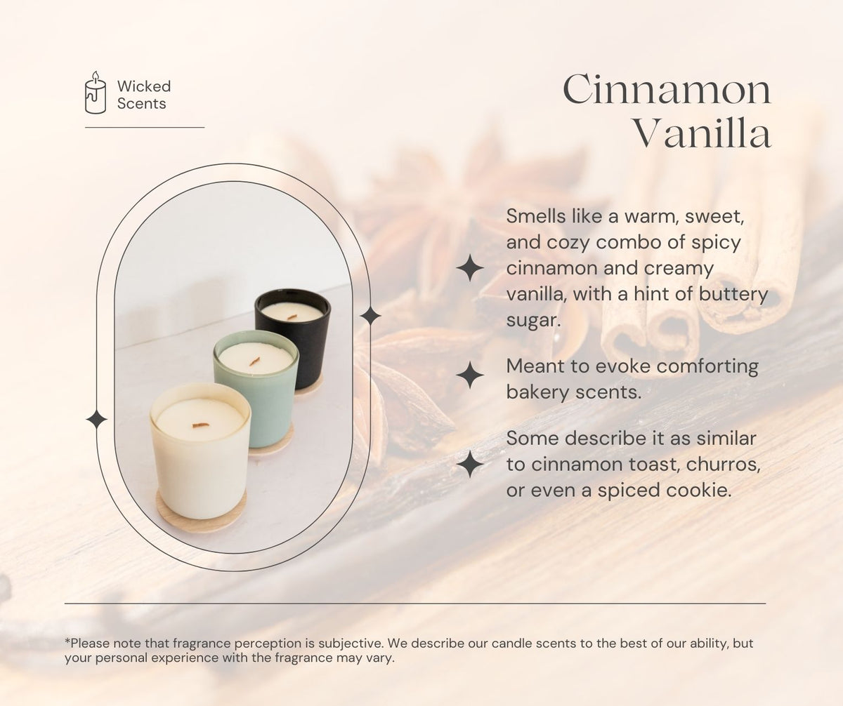 Candle with 'Wicked Scents' branding and description of cinnamon vanilla fragrance.