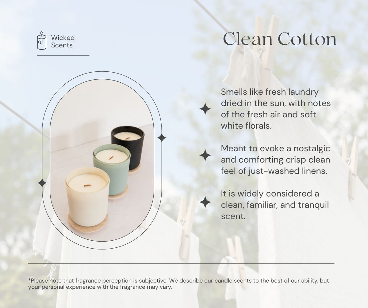 Candle with 'Wicked Scents' branding and description of 'Clean Cotton' fragrance.