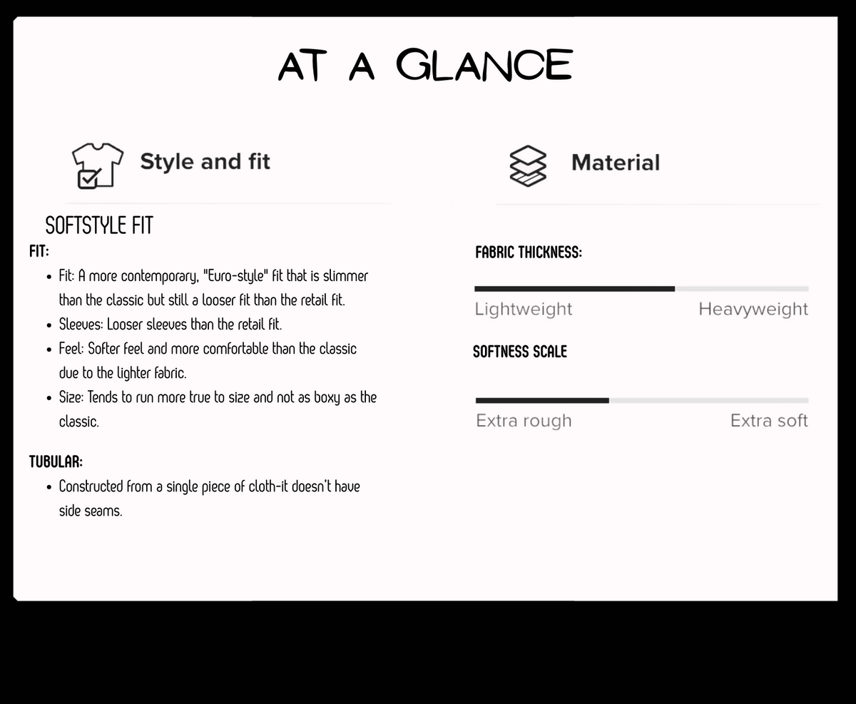 Product specification sheet for a t-shirt with style and fit, material, and additional details.