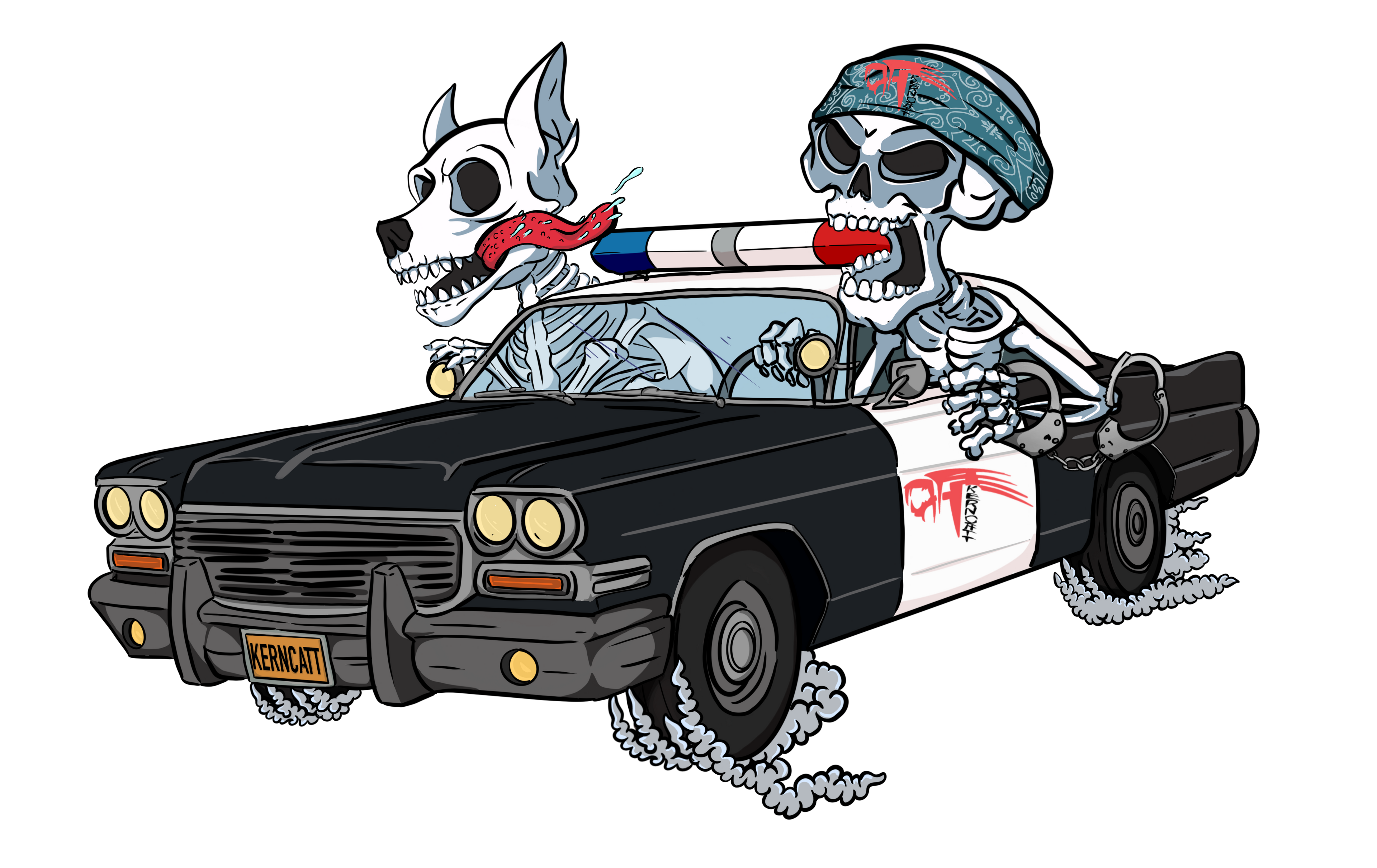 Cartoon skeleton and dog in a car with a white background