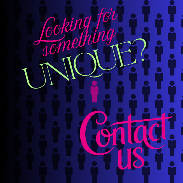 Promotional text 'Looking for something unique? Contact us' on a blue background with black silhouette icons.