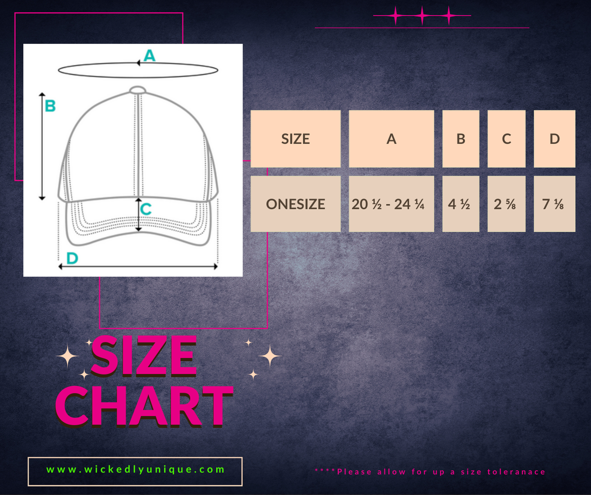 Size chart for a cap with measurements on a dark background