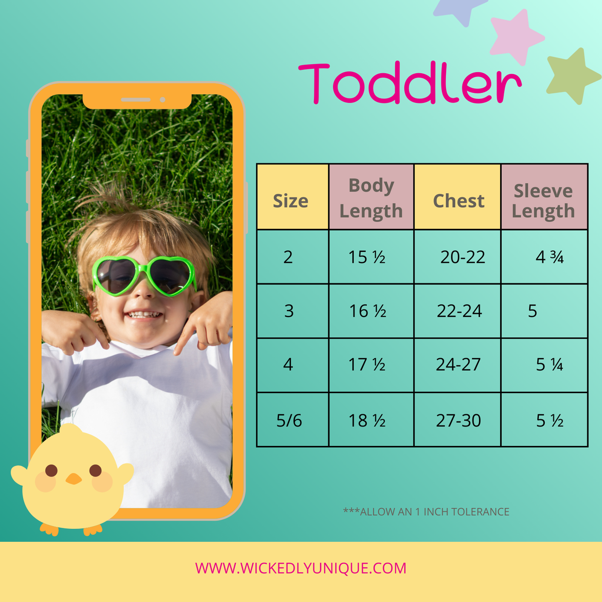 Child wearing sunglasses with a size chart for toddlers on a colorful background