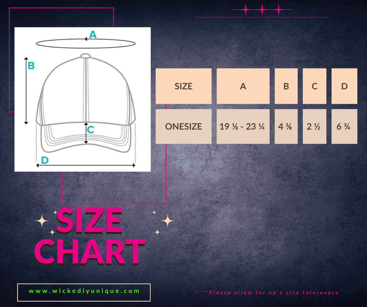 Size chart for a cap with dimensions and measurements on a dark background