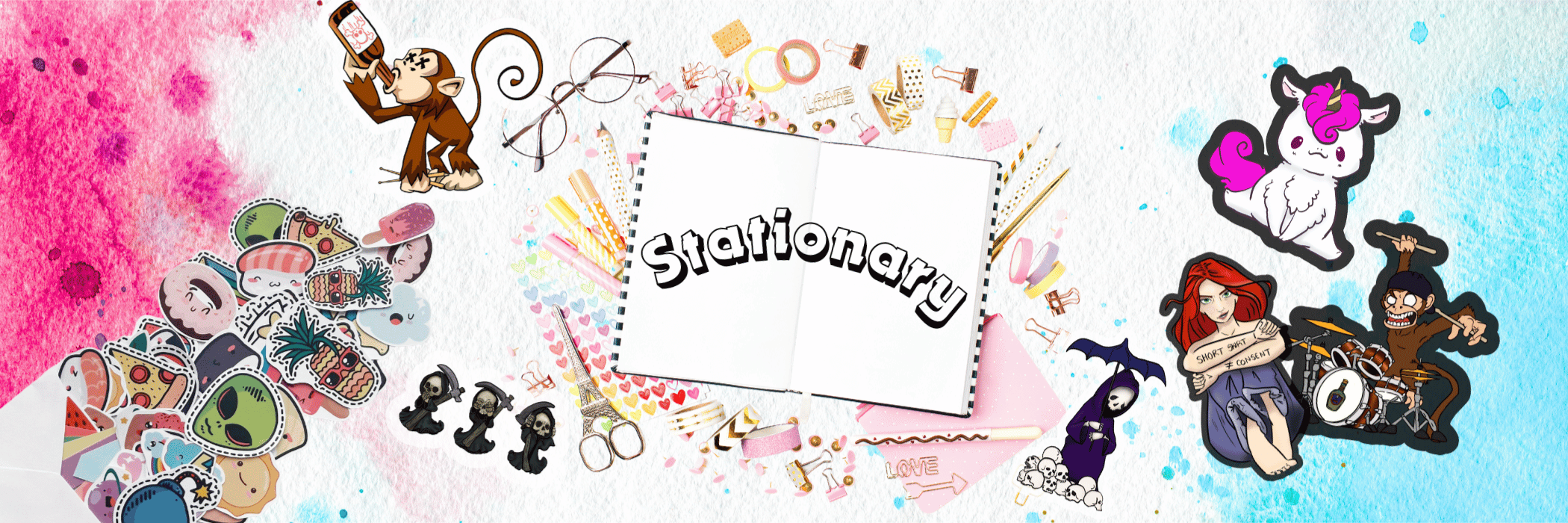 Decorative stationery items with a colorful background featuring cartoon characters and stationery tools.
