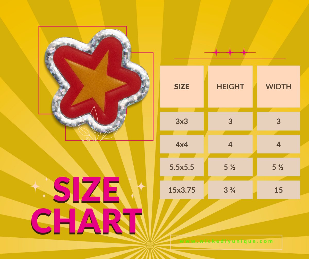 Size chart with star icon on a yellow background