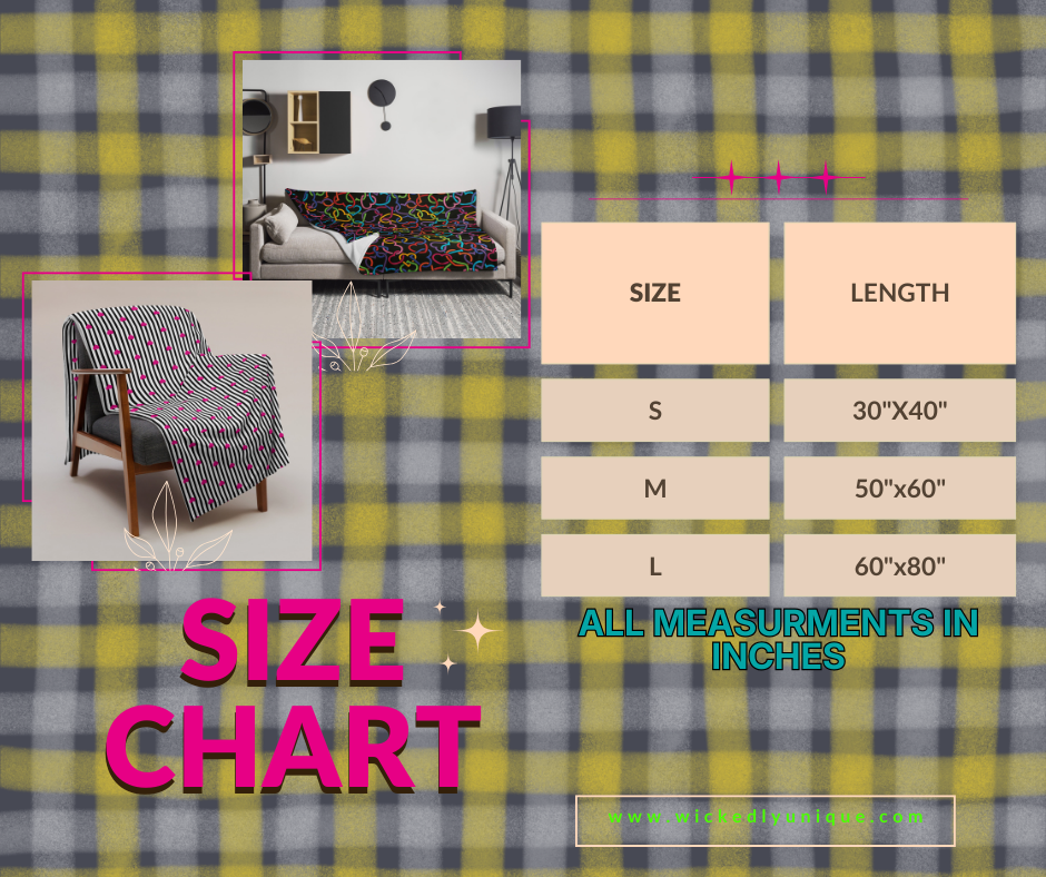 Size chart for a blanket with measurements on a plaid background