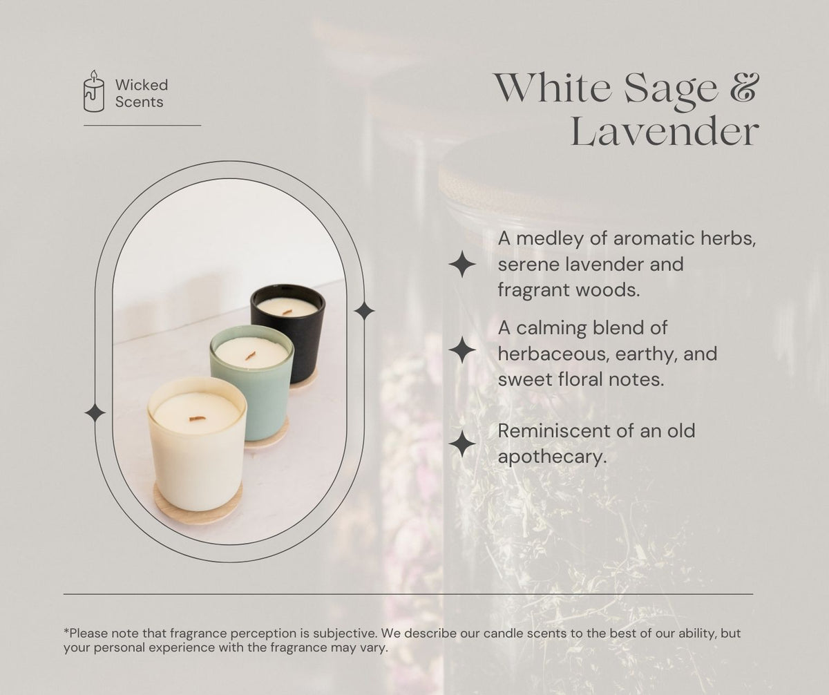 Candle with 'Wicked Scents' branding and description of White Sage & Lavender fragrance.