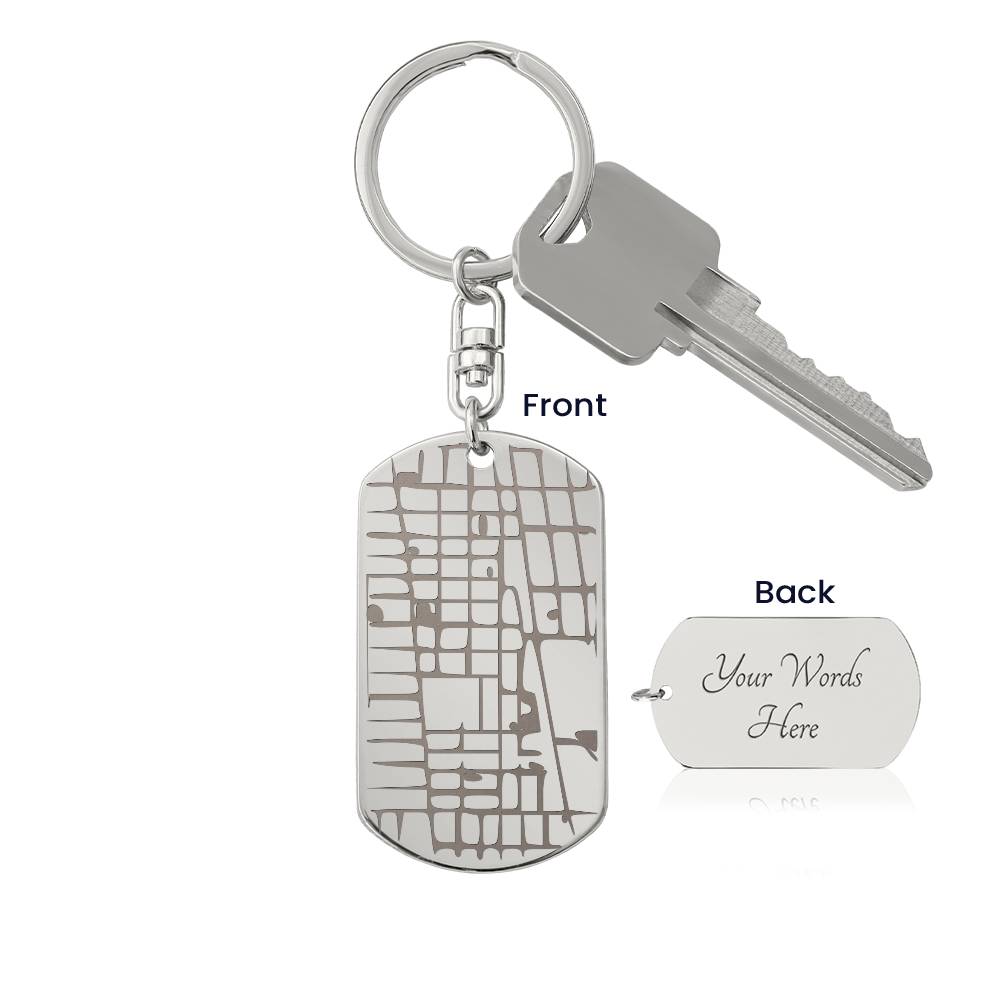 Engraved Dog Tag Map Keychain