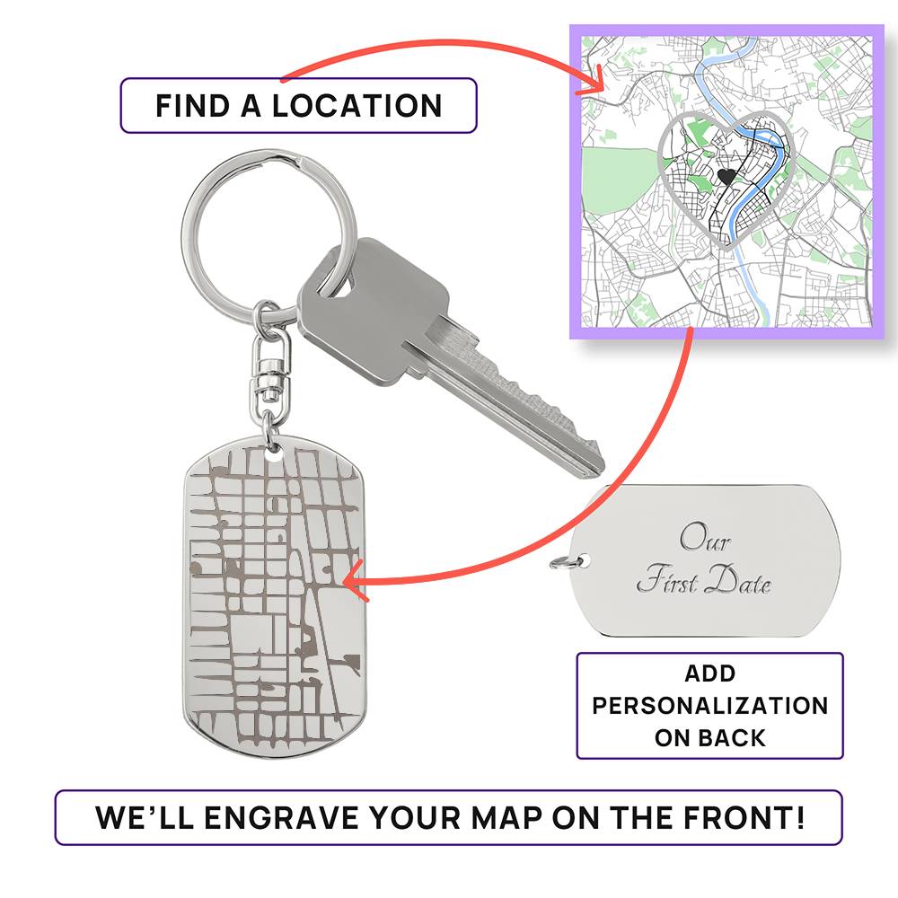 Engraved Dog Tag Map Keychain
