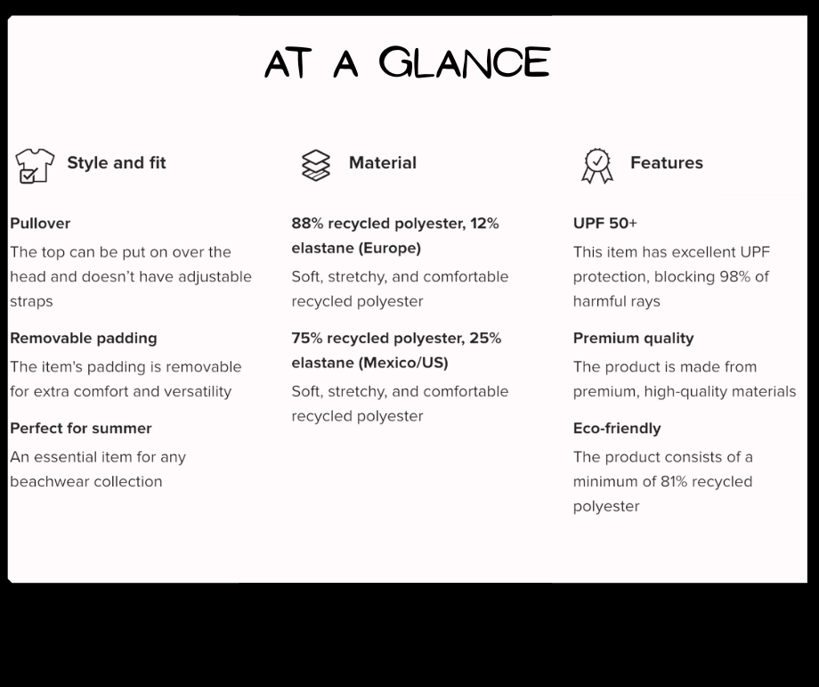 Product information card with details on style, fit, material, and features of a top.
