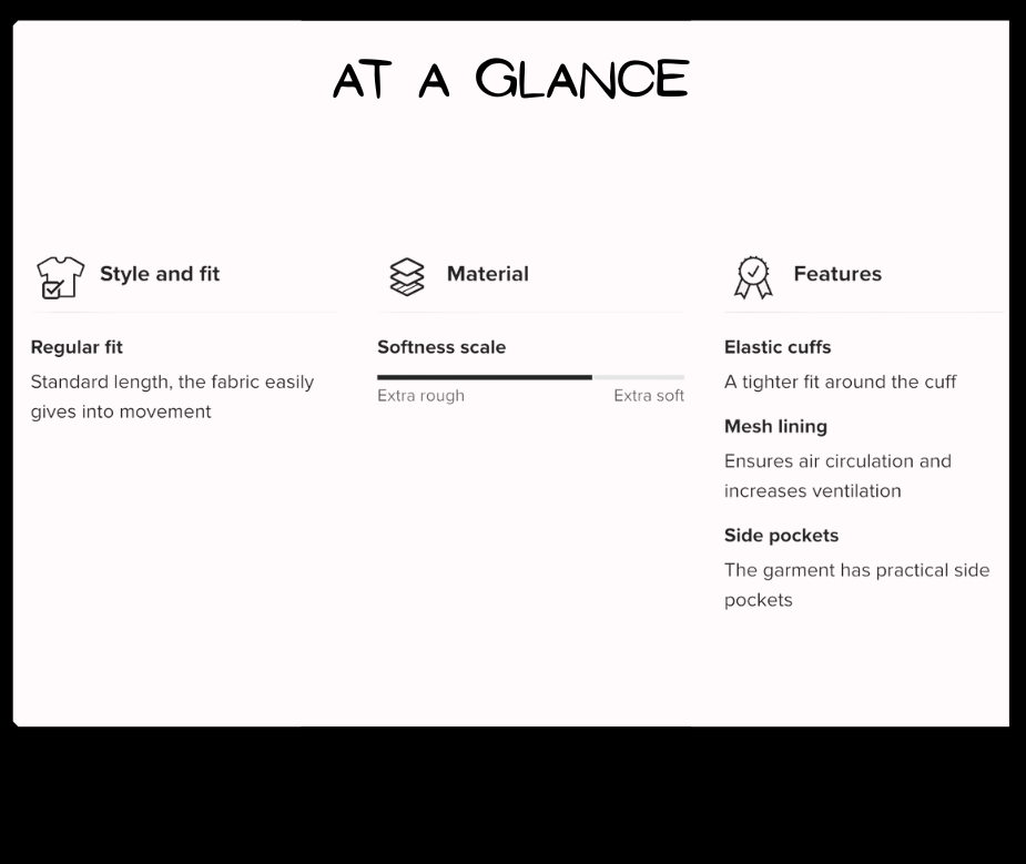 Product features summary with icons and text on a white background