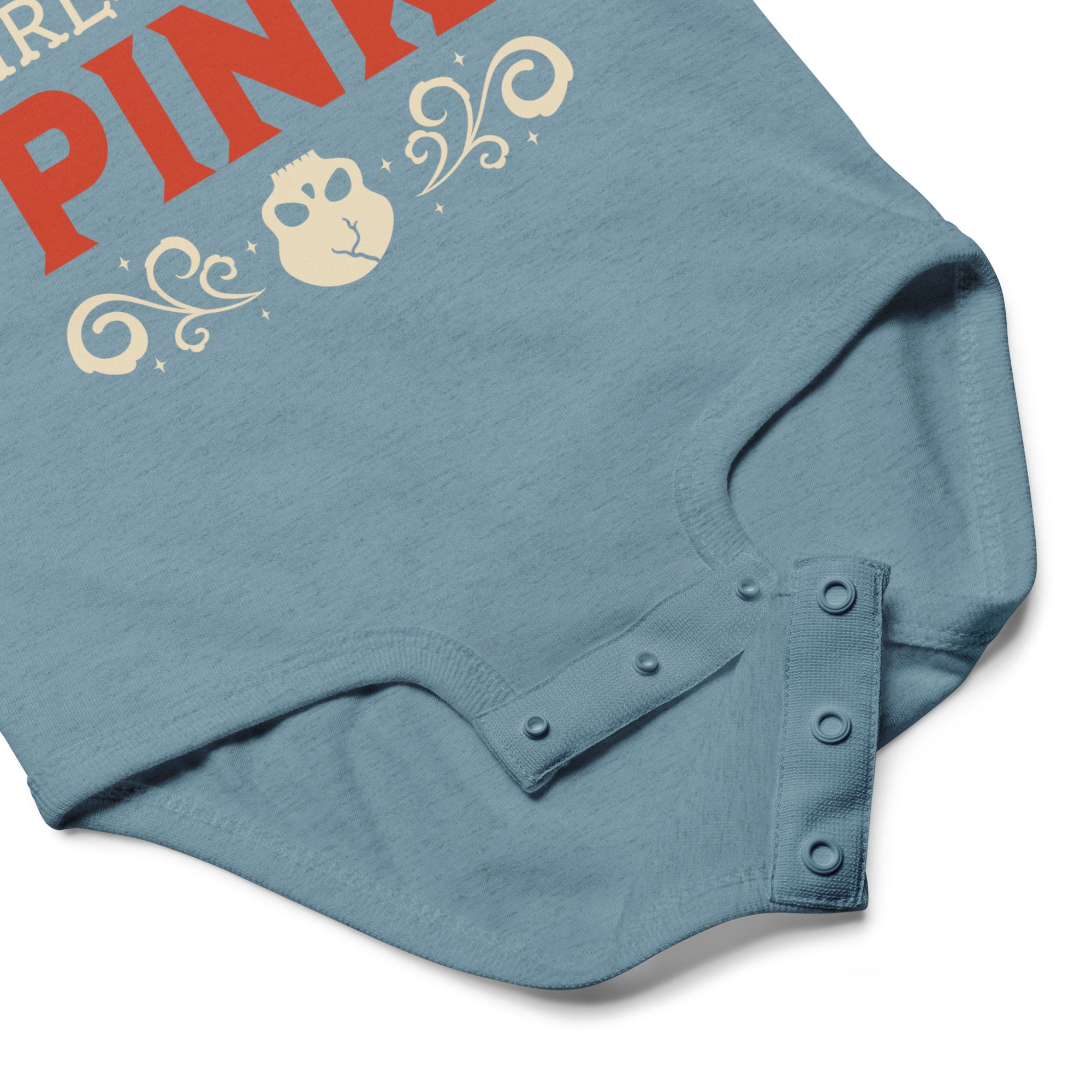 Blue baby romper with red and beige text and design on a white background