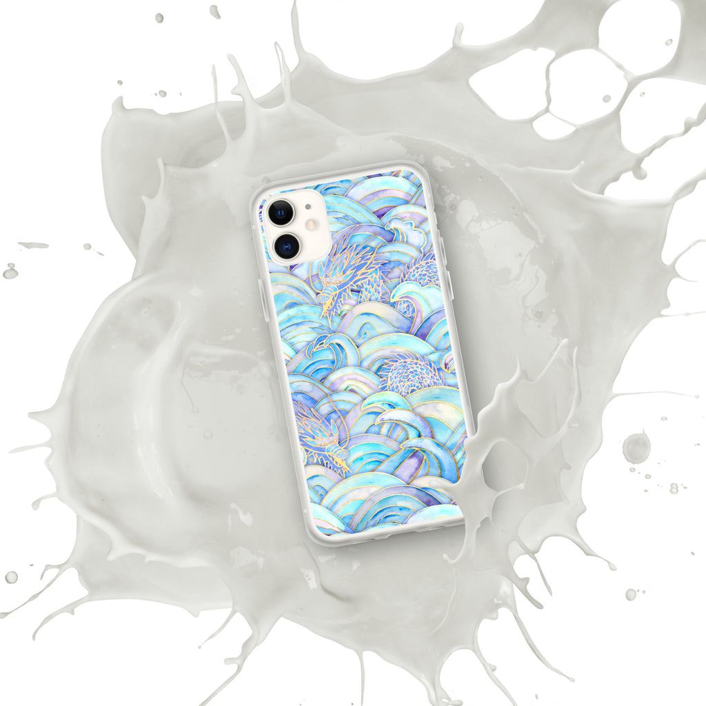 Phone case with a blue and white abstract design on a white background