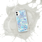 Phone case with a blue and white abstract design on a white background