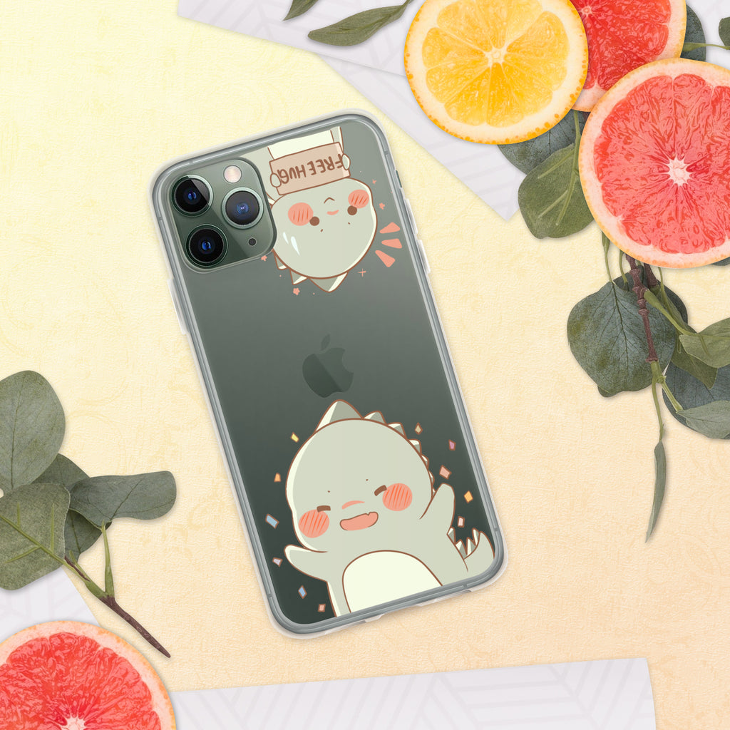 Phone case with a cute animal design on a yellow surface with fruit and leaves.