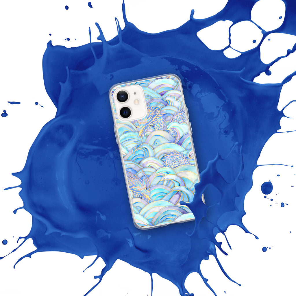 Phone case with a colorful pattern on a blue and white splatter background