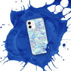 Phone case with a colorful pattern on a blue and white splatter background